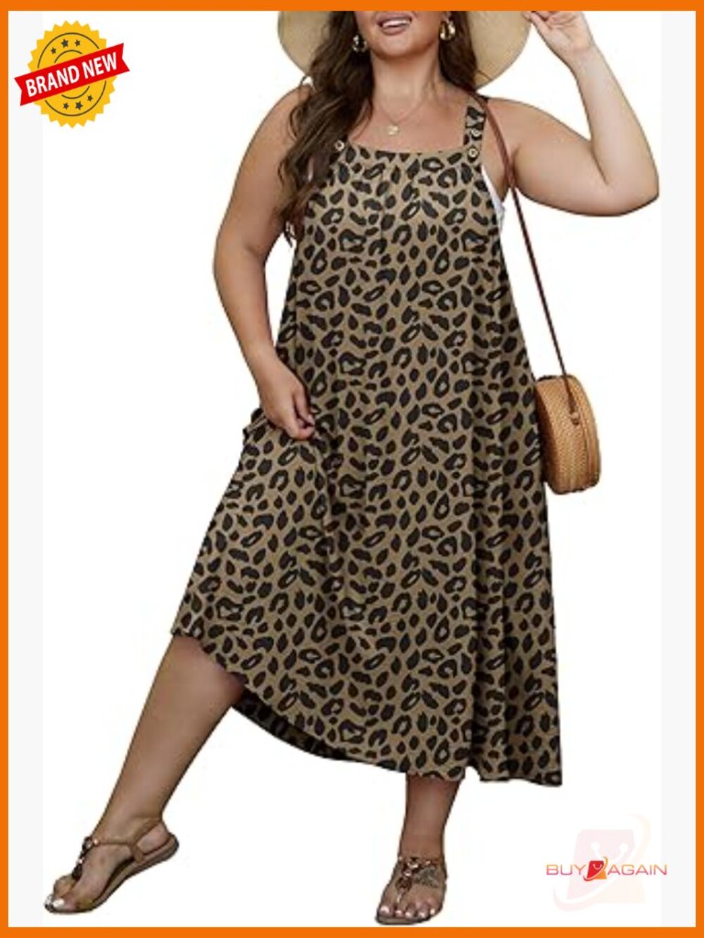 Plus Size A-Line Midi Sundress with Pockets Adjustable Strap Beach Cover Up